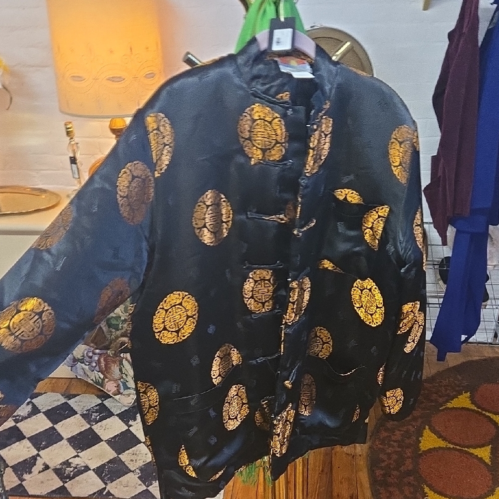 Black Satin Asian-Inspired Jacket with Gold Medallions